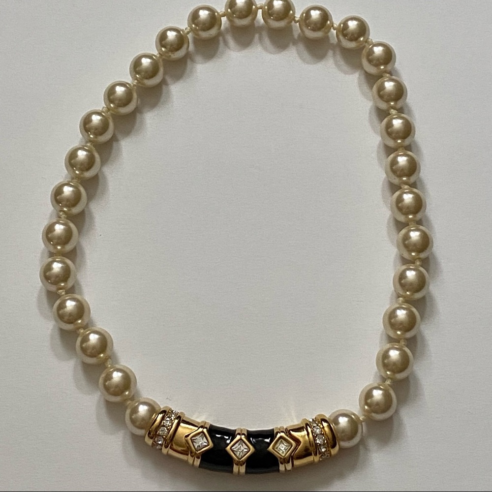 SWAROVSKI NECKLACE CHOKER PEARLS GOLD BLACK ENAMEL CRYSTALS 17” STATEMENT - Picture 4 of 12